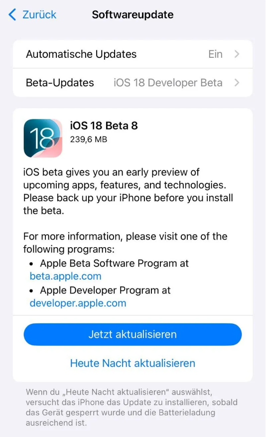 镜湖苹果手机维修分享苹果 iOS / iPadOS 18 开发者预览版 Beta 8 发布 